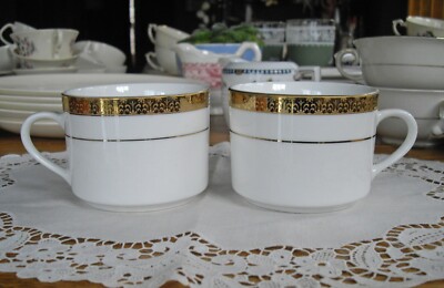 Sango GEORGETOWN Teacups Coffee Cups White Gold ~ Set of 2 ~ 