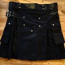 Men's Black Utility Kilt Pockets Pleats Brass Buckle Scottish Goth Wedding Sz 42