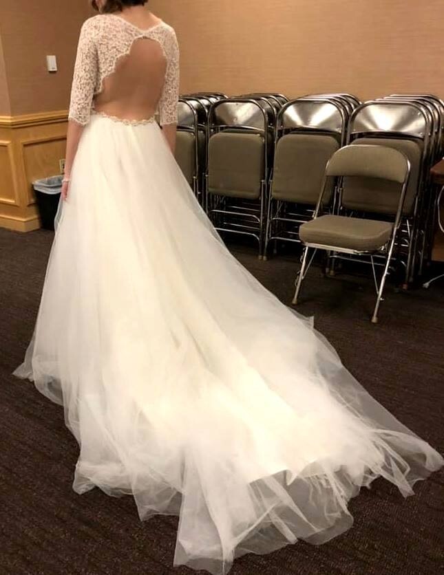 $1399💕 SCARLETT MAGGIE SOTTERO 3/4 SLEEVE OPEN BACK A-LINE LACE