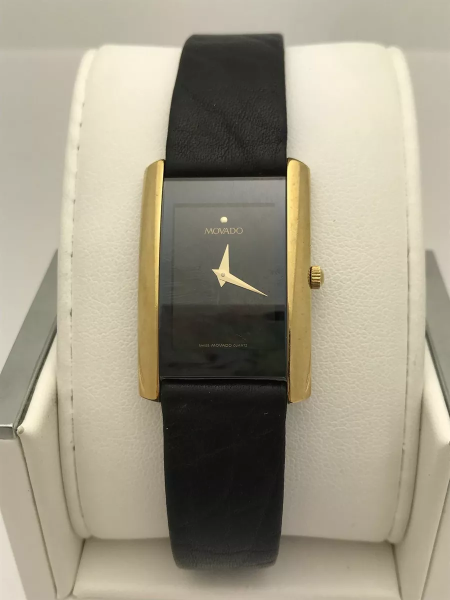Movado Ladies Eliro Rectangle Black Dial Black Leather Strap Watch