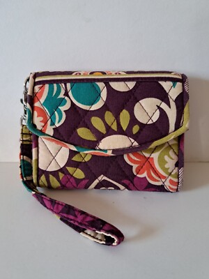 Vera Bradley Wallet Wrist Strap Phone ID Card Holders Plum Crazy Pattern  Clean