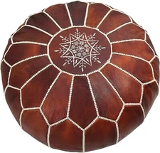 Vintage Ottoman Pouffe Genuine Handmade Brwn Boho Round Leather Moroccan Pouf