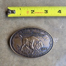 Vintage 1997 BUFFALO belt buckle RUNNING STRONG FOR AMERICAN INDIAN YOUTH