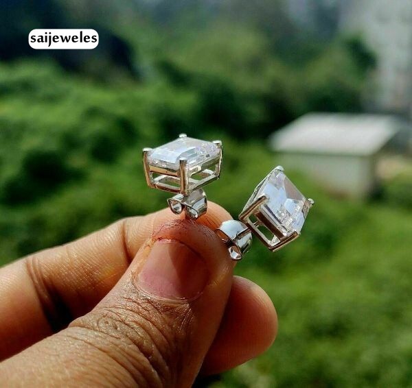 14K White Gold FN 2CT Emerald Cut Lab-Created Diamond Solitaire Stud  Earrings