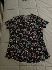 Cherokee Medical Uniforms Womens Black V-Neck Print Scrub Top Size X-Small