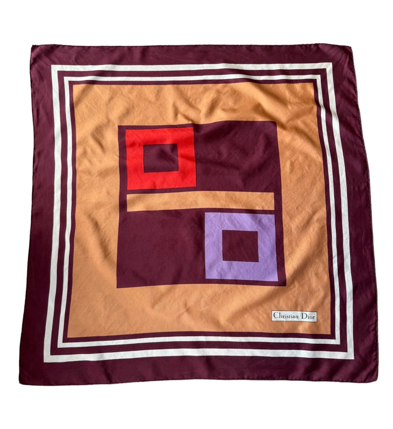 Foulard vintage Christian Dior 100% soie bordeaux pêche géométrique rare collection