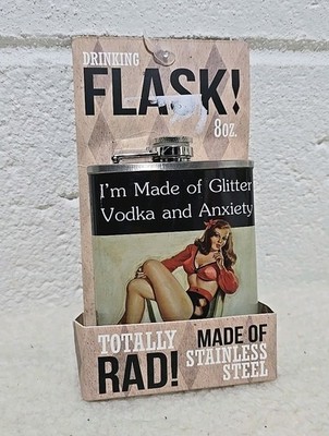 Drinking Flask 8oz Glitter Vodka Anxiety Stainless Steel New In Box (Shelf)