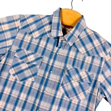 Levi's Western Pearl Snap Shirt Mens L Blue Plaid Short Sleeve Ranch Cowboy
