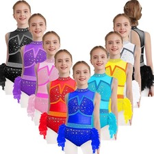 Kids Girls Leotard Dance Dancewear Skirt Bodysuit Rhinestones Sleeveless Shiny