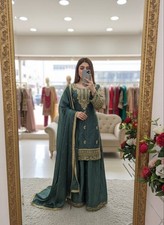 Wedding Wear Pure Silk Teal Green Top Palazzo With Dupatta For Women  Girls