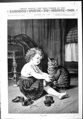 Alter antiker Druck 1887 Frühaufsteher Kleinkind Socken Kätzchen Schlafzimmer Epps 19.