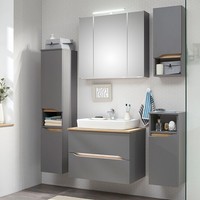 Badezimmer Set Waschbecken Spiegelschrank Waschtisch Midischrank Eiche Grau