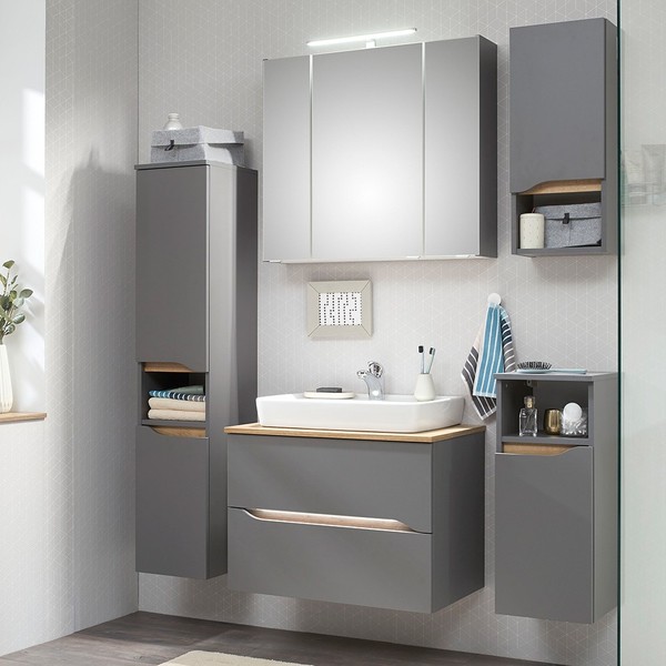 Badezimmer Set Waschbecken Spiegelschrank Waschtisch Midischrank Eiche Grau-image