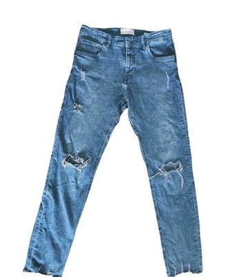 Pull & Bear Super Skinny Jeans Mens 34 Blue Distressed Ripped Denim