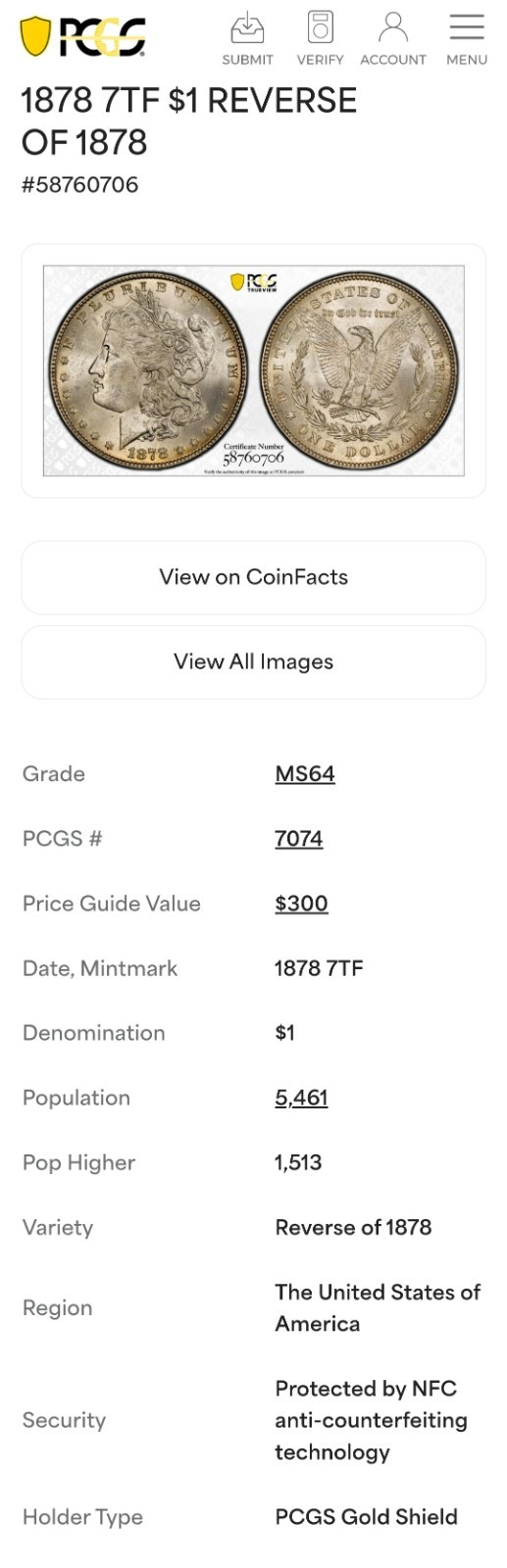 1878 7 TF VAM-84A Morgan Silver Dollar - PCGS GOLD SHIELD MS64 - SUPER CD VAM!