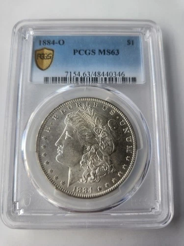 1884-O Morgan Silver $1 Dollar PCGS MS 63 Graded Coin Gold Shield