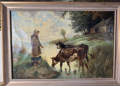 C Lebrun ''Cowherd Girl With Cattle In Landscape'' Oil Painting - Signed/Framed