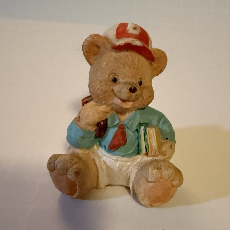Teddy Babies Co. Small Ceramic Bear Figurine Red Hat Blue Shirt Book Vintage