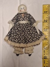 Antique China Head Porcelain Doll In Brown Calico Dress, Slip And Bloomers Lace