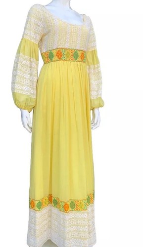 Vintage Bohemian 70s Crochet Embroidered Maxi Dress Puff Sleeve S Hippie Prom