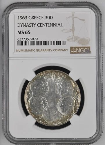 NGC MS65-Greece 1963 Dynasty Centennial Silver 30 Drachmai GEMBU Scarce