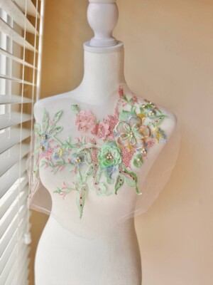 Pink Green 3D Applique (12  x 10 ) Beaded with Rhinestones Sequin Embroidered