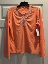 NWT Cabana Life Women's Coral Geo LS Rashguard Top UPF 50 Sz Large Swim Beach