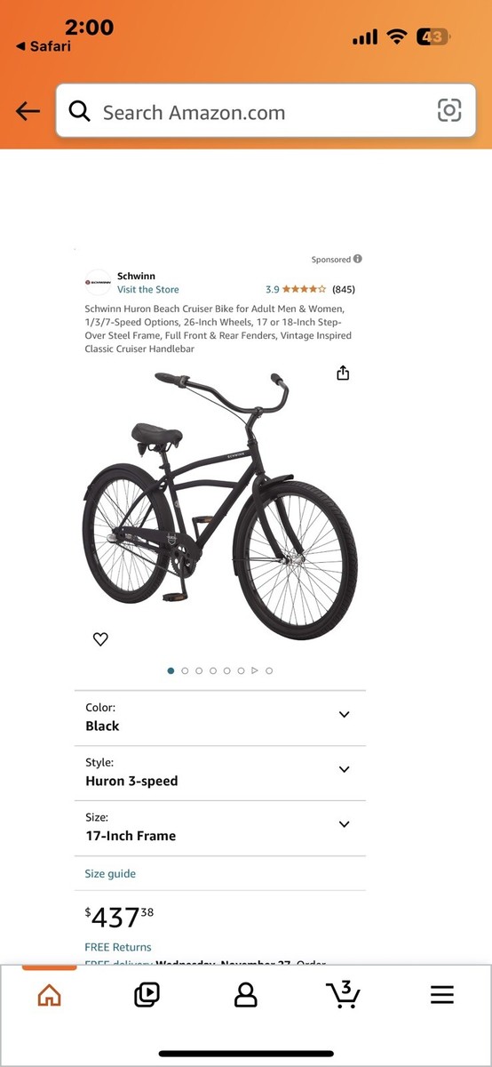 Schwinn Huron Beach Cruiser Bike for Adult Men Women 1-Speed 26