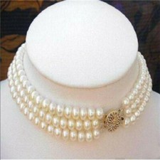 3 Rows Natural 8-9MM White Freshwater Cultured Real Pearl Choker Necklace 16inch