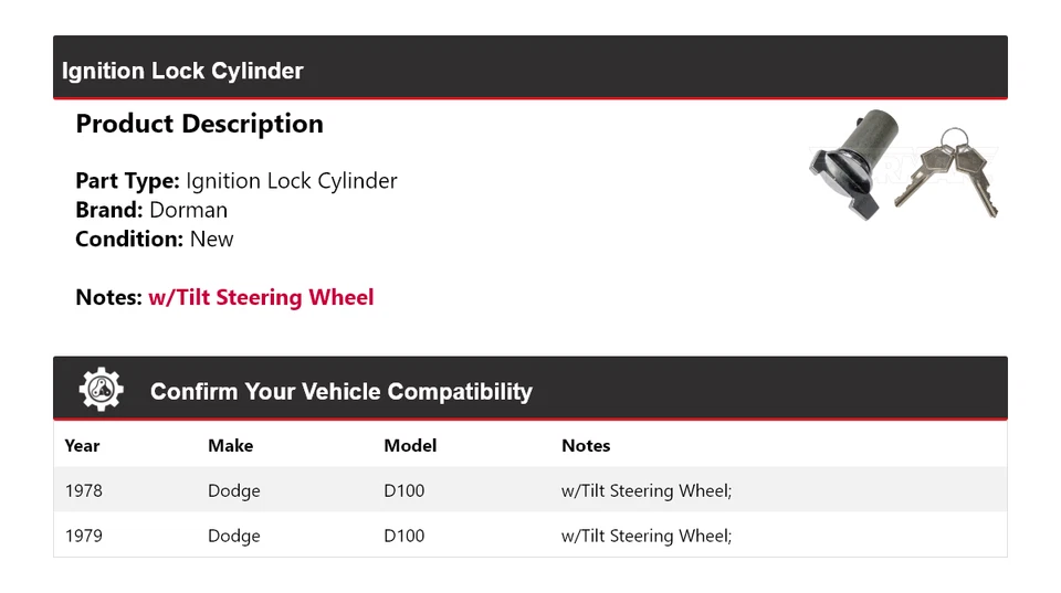 Cilindro de bloqueo de encendido para Dodge D100 Dorman 1978-1979 Foto 2 de 4