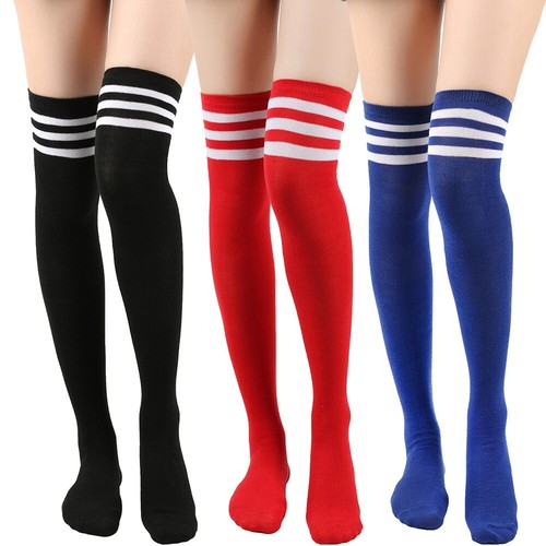 Ladies Three Stripes Over the Knee Socks Stay Up Thigh High Cotton
