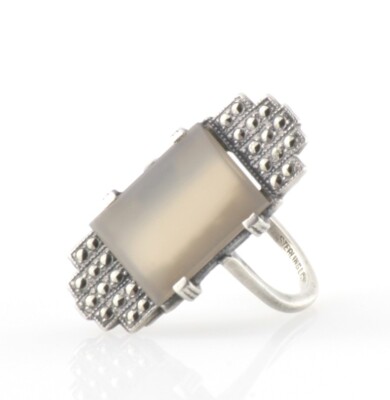 Rare Studio 1930s Skyscraper Ring Sterling Silver with Rose Quartz & Marcasite