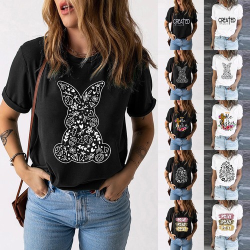 Women Cute Bunny Print Tops Casual Round Neck Cartoon T-shirt Blouse Pullover US