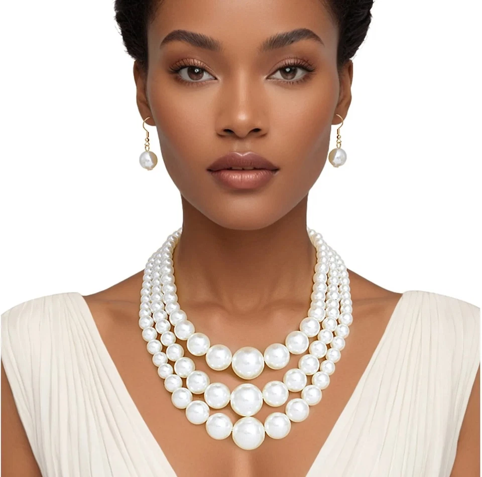 Conjunto de collar babero multicapa grueso crema perlas llamativo chapado en oro