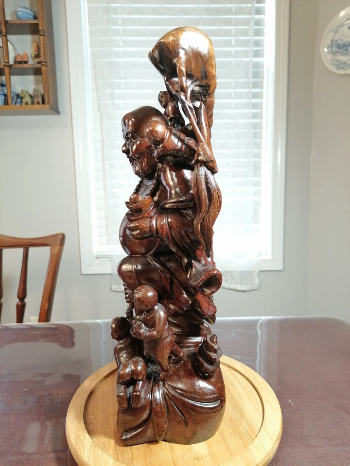 Escultura de madera de Buda Maitreya chino con cinco hijos, estilo de finales del siglo XX Foto 2 de 4