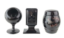 Foochow China Black Bodiless Lacquer Desk Smoking Set Raised Dragon 3 Pc