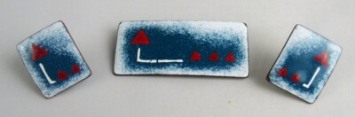 Vintage Modernist Enamel Blue White Red Triangle Rectangular Brooch Earrings Set