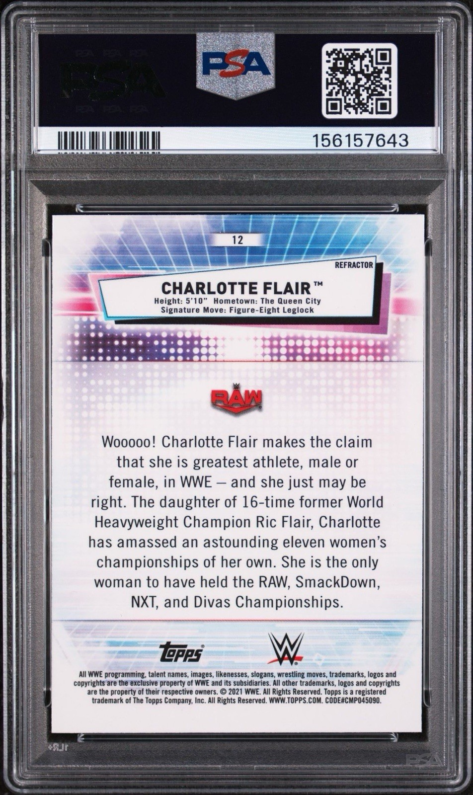 PSA 10 Charlotte Flair 2021 Topps Chrome WWE Refractor #12 view 2