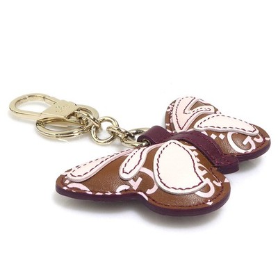 Auth GUCCI Butterfly Motif Key Ring Charm Brown/Pink/Gold Leather