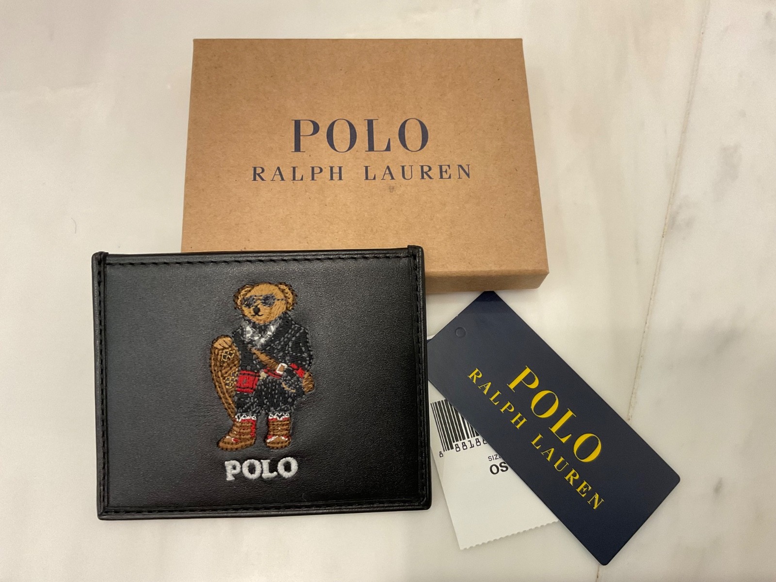 NEW Polo Ralph Lauren HOLIDAY SNOWSHOE BEAR Leather Slim Card Case Wallet BLACK