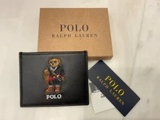 NEW Polo Ralph Lauren HOLIDAY SNOWSHOE BEAR Leather Slim Card Case Wallet BLACK