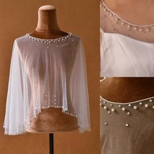 Rhinestone Pearls Lace Top Bolero Topper Jacket Bride Mesh Cover Arms Beading