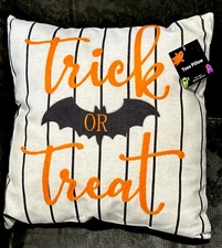 Old East Main Co Halloween Throw Pillow 14x14 Trick or Treat Bat Striped Decor
