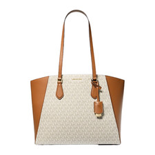 Image of Michael Kors Taryn Large Signature Logo Leather Tote Bag Vanilla/Acorn