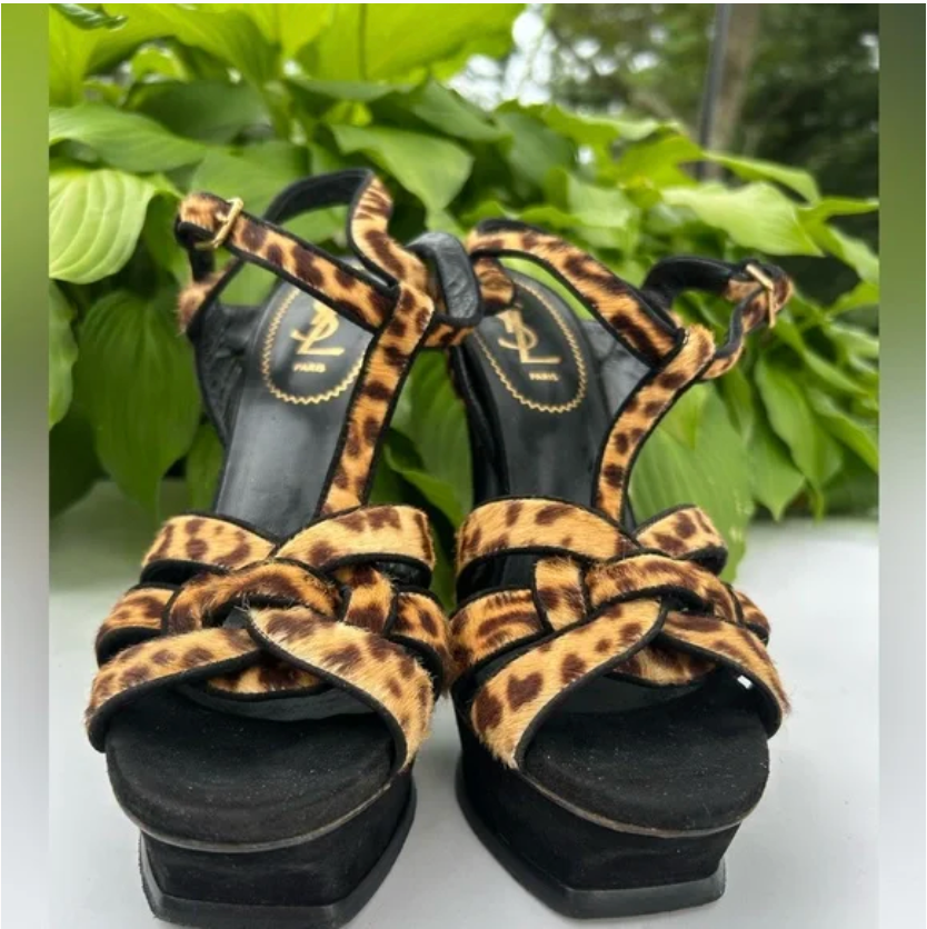 Sandali omaggio Yves Saint Laurent YSL pelo di vitello tacco alto animale 39 US 8 5