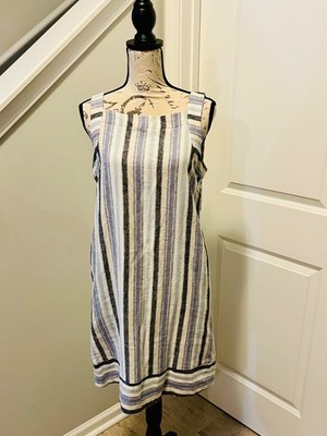 Sharagano Linen Blend Striped Dress Pockets Blue White Sz 4