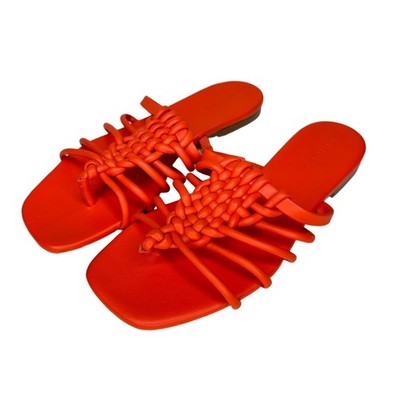 Vince Women Orange Leather Dae Woven Flat Slide Sandals Square Toe Size 7 M