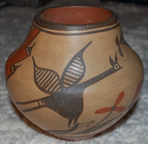 Vintage-1980s Zia Pottery Jar Roadrunner, Flower & Geometric design-E. Medina