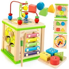 Wooden 7-in-1 Activity Cube Montessori Toys for 1 2 3 Year Old Toddlers Green