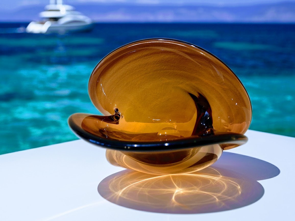Murano Seguso Art Glass Clam Shell Bowl Dual Base Brown Amber Cognac Tone 